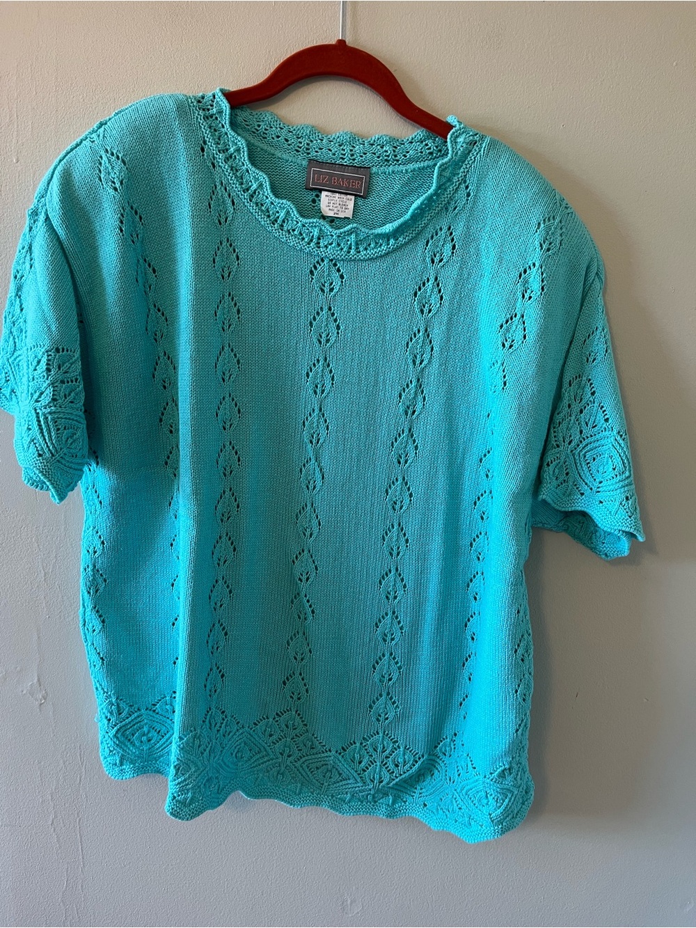 Liz Baker Bright Aqua Crochet-Trim Knit Top Vintage. 100% Cotton